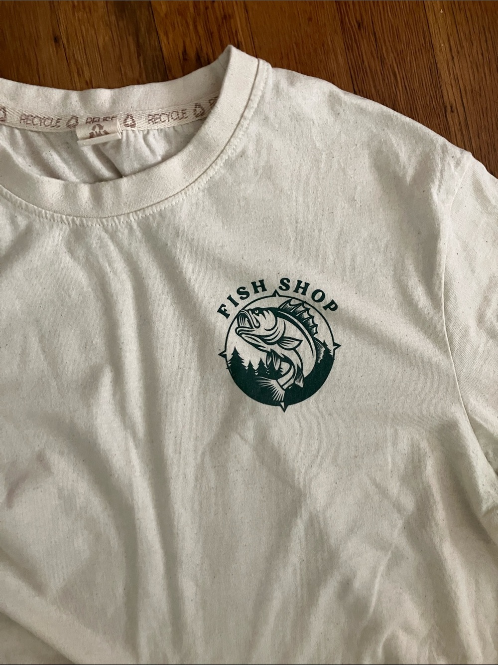 Fish Shop Cream T-Shirt with Dark Green Fish Logo